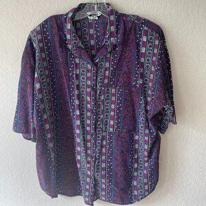 VTG 80s/90s Purple Print Button Down Short Sleeve Blouse